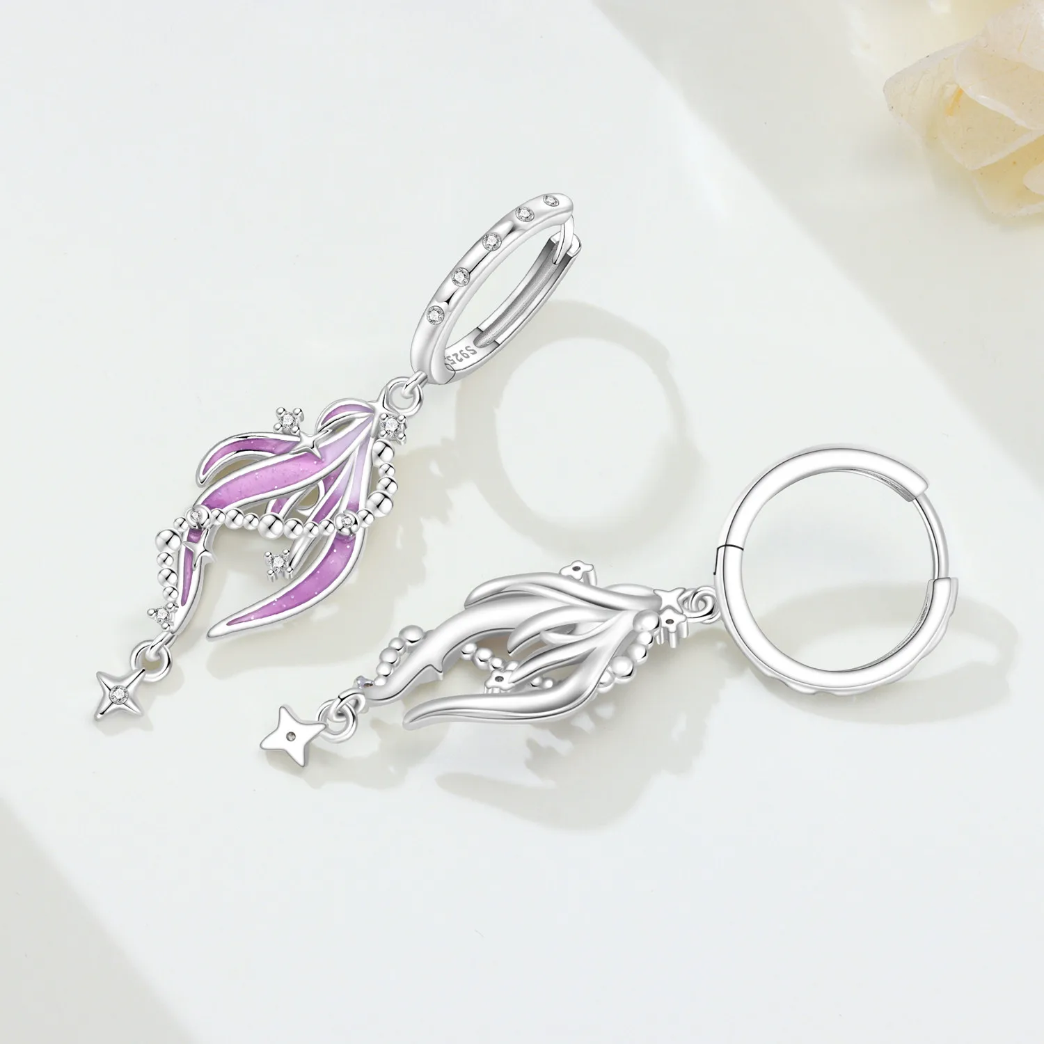 Original 925 Sterling Silber Ohrringe, Vielseitige Exquisite Hellviolette Rosa Blumen-Schmetterlings-Ohrringe, Schmuck für Frauen zum Geburtstag – Detail 8