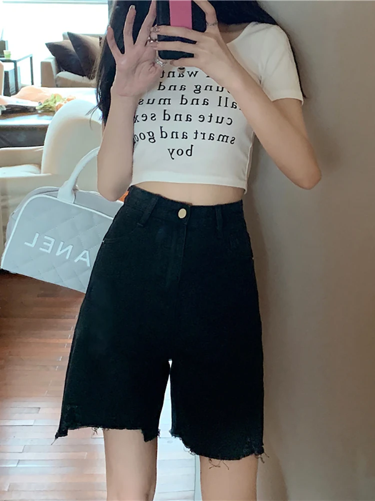 

High Waist Slimming Thin Five-Point Denim orts Women's plus Size Hole Punch Straight Leg Summer Jeans