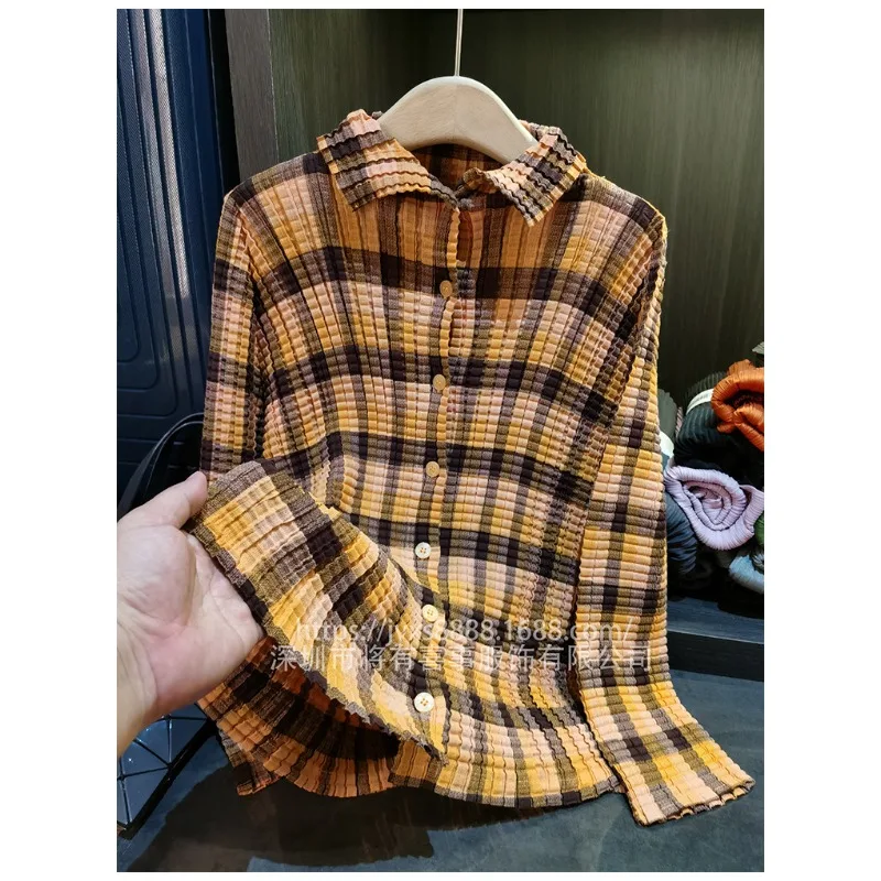 مياكي منقوشة مطوي قميص بلوزة الأدبية طويلة الأكمام واحدة الصدر ركاب تنوعا سترة بولو طوق بلوزة المرأة #6