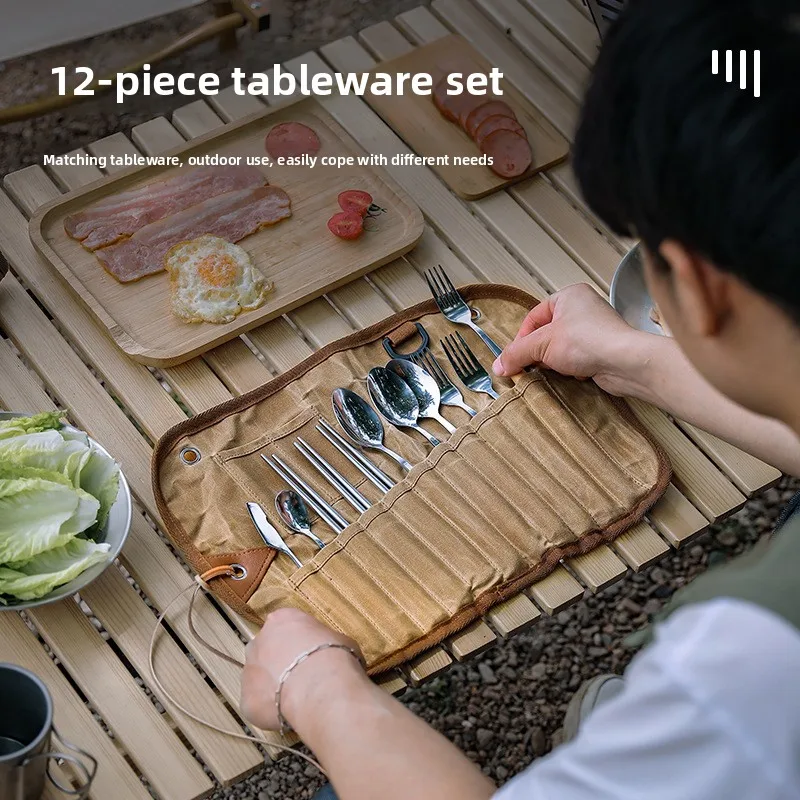 حقيبة تخزين أدوات المائدة الخارجية لثلاثة أشخاص، حقيبة تخزين مجموعة أدوات المائدة، ملعقة من الفولاذ المقاوم للصدأ، عيدان تناول الطعام والشوكة، قماش مشمع