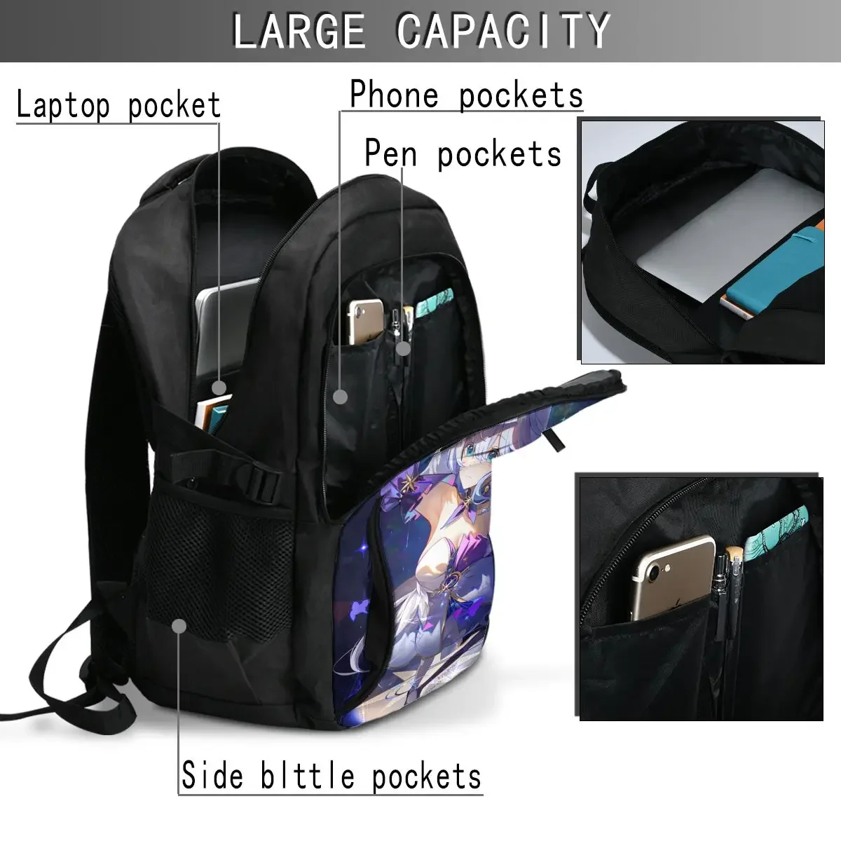 Anime Honkai Star Rail Robin Reise-Laptop-Rucksack, wasserabweisender Business-Laptop-Rucksack mit USB-Ladeanschluss, College-Tasche