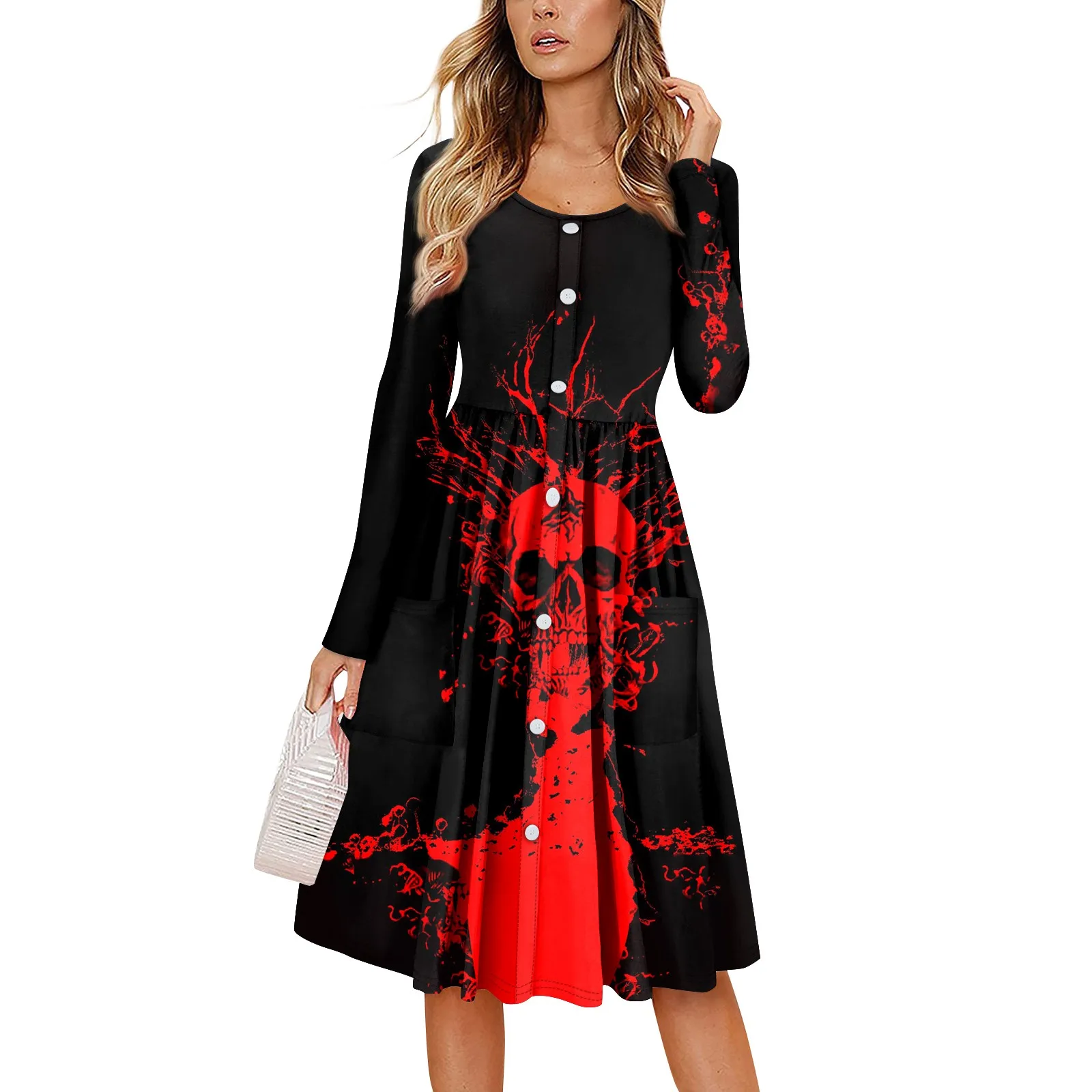 Blood Handprint Printed Party Dress Halloween Costume Women\'S Long Dress Retro A-Line Dress Holiday Party Women Dress