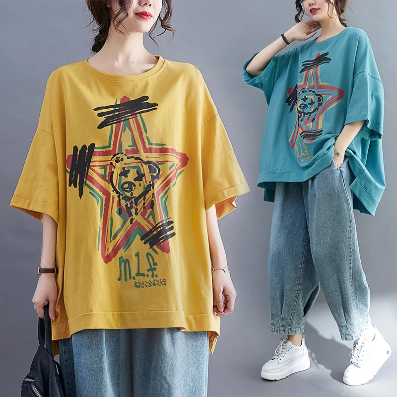 

Loose Large Size Women's T-irt Summer Faion Artistic Letter Print Conceal Meat Belly ort Sve Cotton round Ne Top