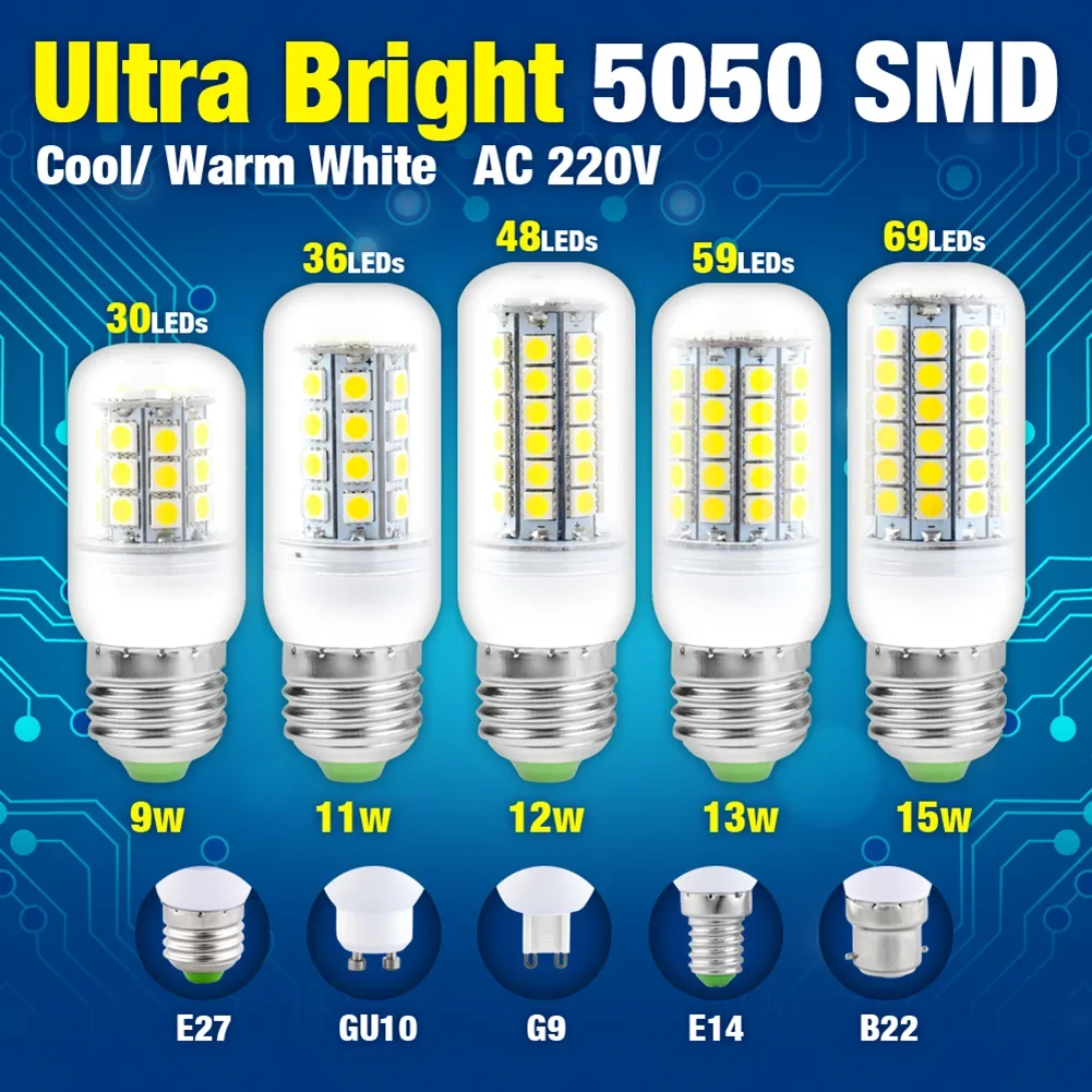 LED Corn Bulb 9W 11W 12W 13W 15W Super Bright Lamp Light E14 B22 G9 5050 SMD 220V White Chandelier LED Light Bombilla