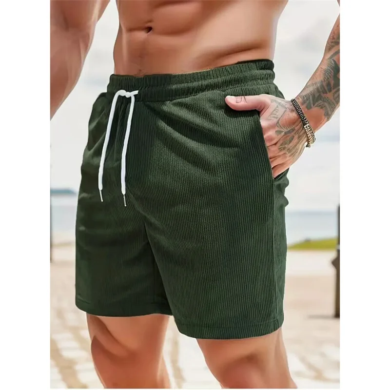 Summer Running New Solid color lace-up sweatpants corduroy simple quarter shorts men\'s shorts casual pants Fitness Men\'s Shorts