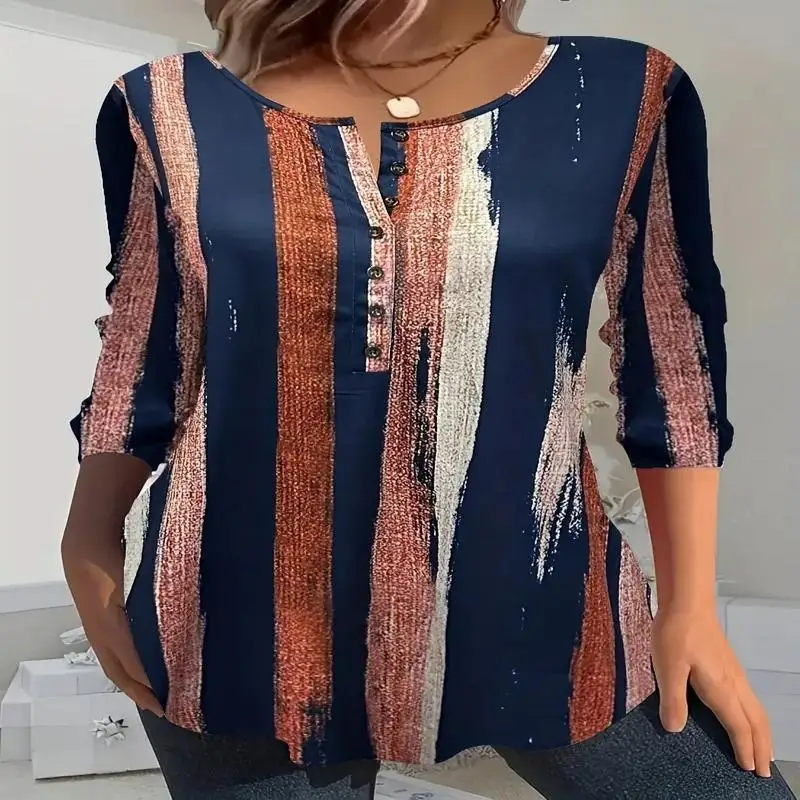 

Plus Size Casual T-shirt, Women's Plus Colorblock Stripe Print Long Sleeve Round Neck Henley Top