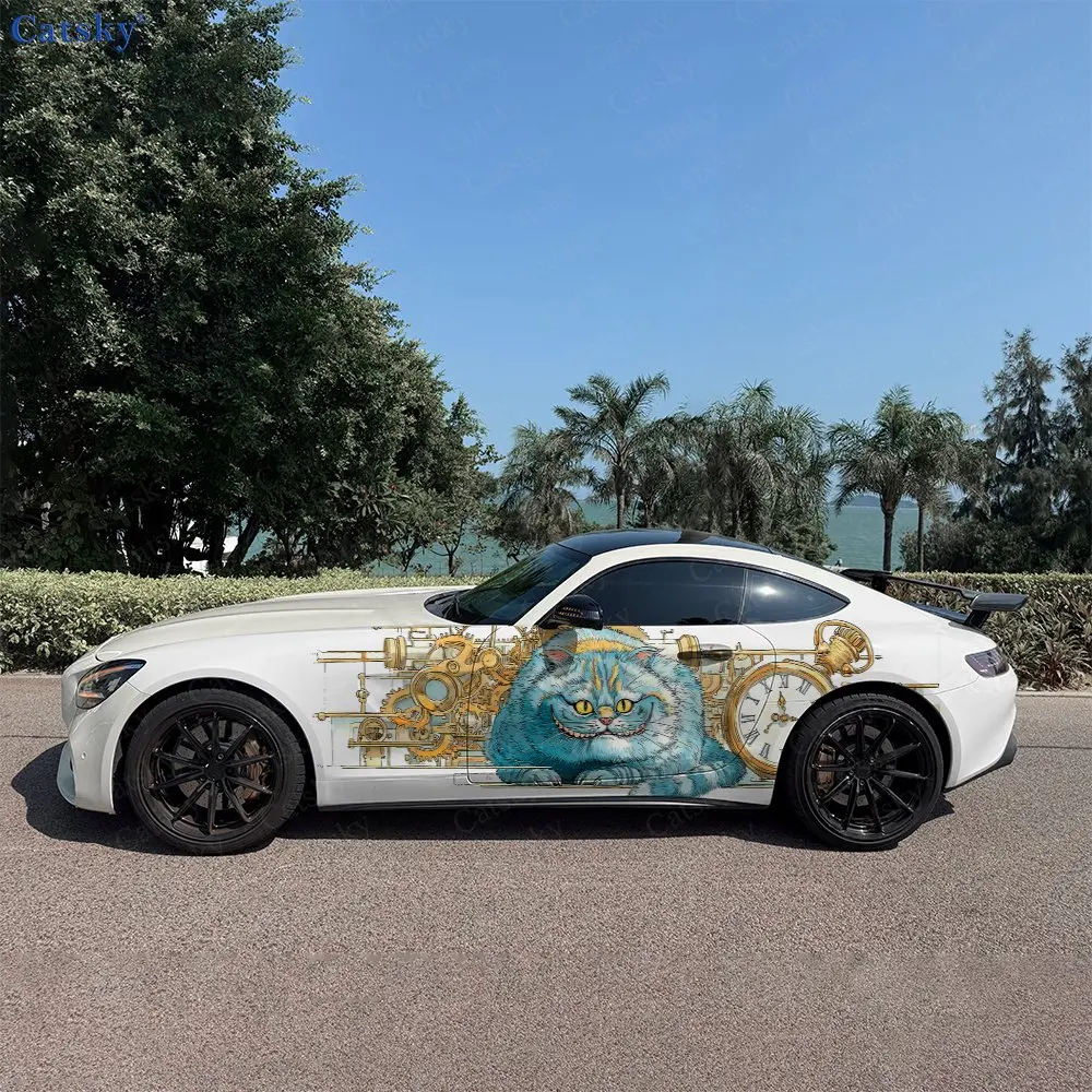 2pcs Steam Pocket Watch Cat Realm, Fade-resistant, Enhance Vehicle Aesthetics With Bold Artistic Design Car Vinyl Wraps
