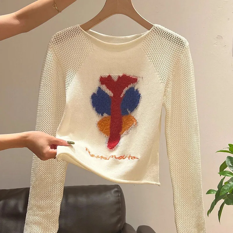 

Hollow Out Cartoon Jacquard Cashmere Sweater Women Autumn Loose Soft Knitted Pullover Long Sleeve Casual Jumper