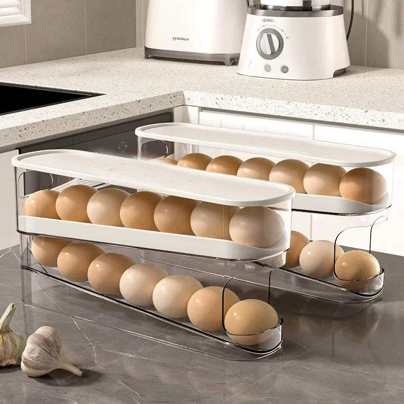 A Household Slide Type Simple Refrigerator Side Door Fresh-Keeping Storage Box Double-Layer Rolling Kitchen Household Egg Holder