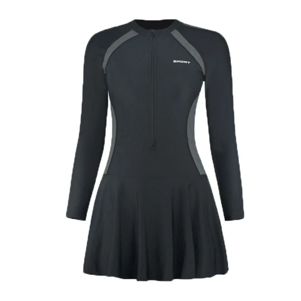 Letter Long Sleeve Zipper Skirt Swimsuit Beachwear Patchwork Hot Spring Swimwear with Padded Sun Protection