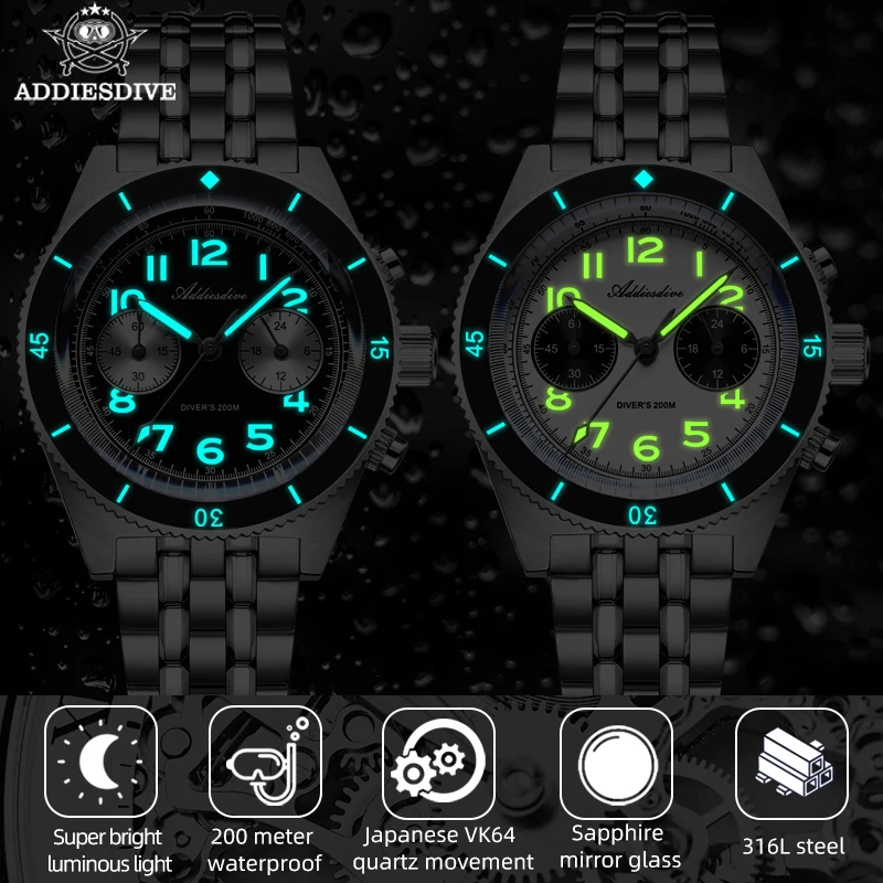 ADDIESDIVE-Reloj de pulsera de cuarzo para hombre, accesorio de acero inoxidable con espejo de burbujas, cubierta de olla, cristal luminoso, buceo,