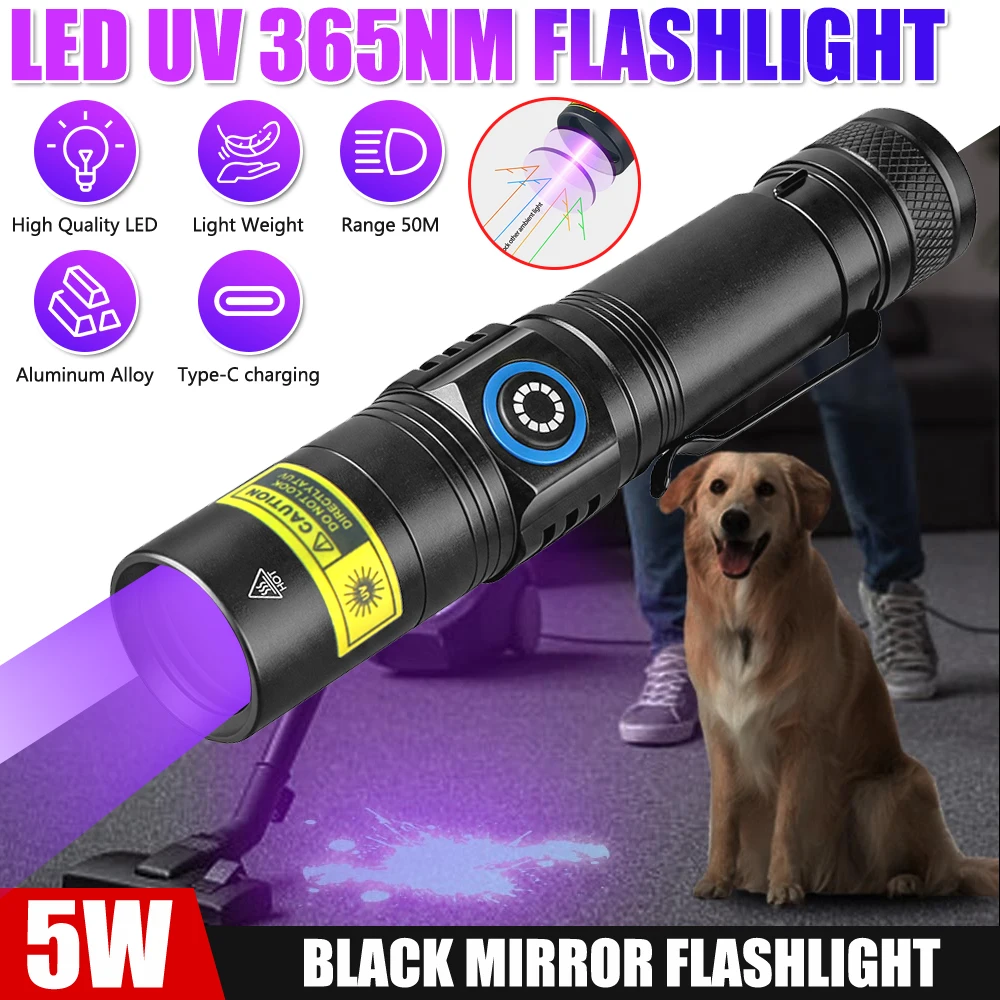 Mini UV Flashlight 365nm Ultraviolet Blacklight USB Rechargeable Purple Linternas Carpet Pet Urine Detector Catch Scorpion