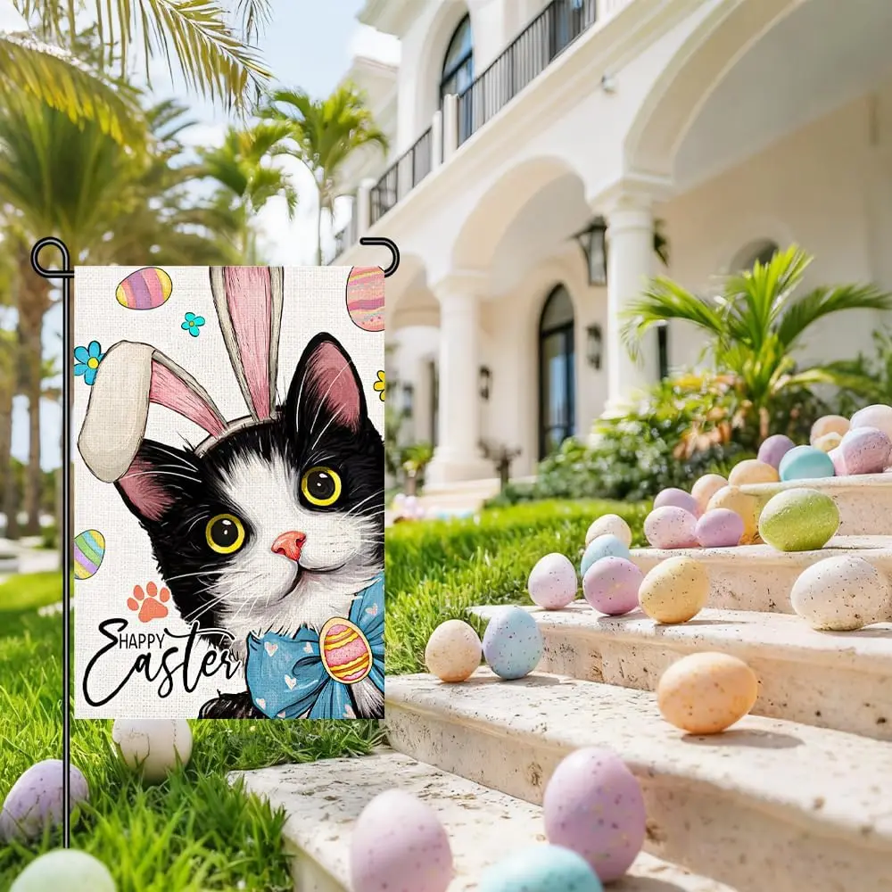 Easter Cat Garden Flag 12x18 Double-Sided Small Yard Flag – Cute Kitty with Bunny Ears Spring Outdoor Decor for Easter Porch ZZM