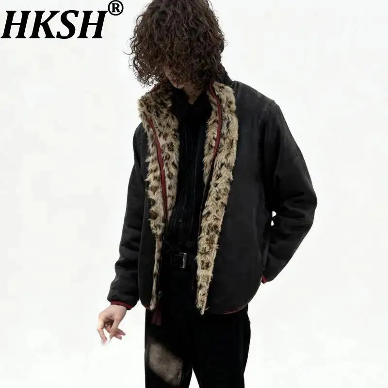 HKSH Spring Autumn New Men Tide Dark Punk Vinatge Leopard Print Double-Sided Lamb Fleece Jacket Y2K Ins Coats Streetwear HK25070