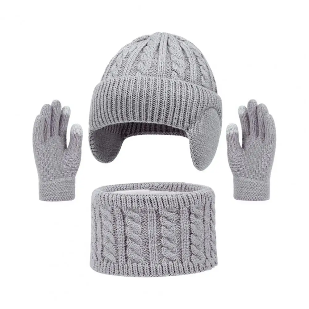 ชุดถุงมือผ้าพันคอหมวกฤดูหนาวสำหรับเด็ก 3 ชิ้น - ผิวสัมผัสบิดเกลียวสีสันสดใสพร้อมซับในผ้ากำมะหยี่หนา อุปกรณ์เสริมถักนิตติ้งที่ให้ความอบอุ่น