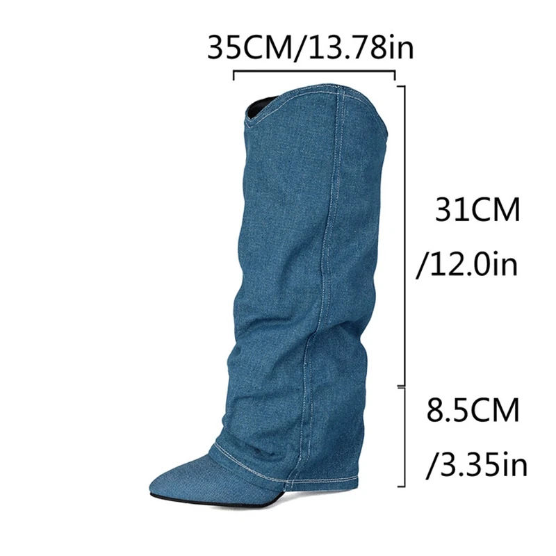 ASILETO New Fashion Tessuto Donna Stivali da cowboy occidentali Punta a punta 8,5 cm Tacchi a spillo Plus Size 44 45 46 Pantaloni da donna Scarpe Blu