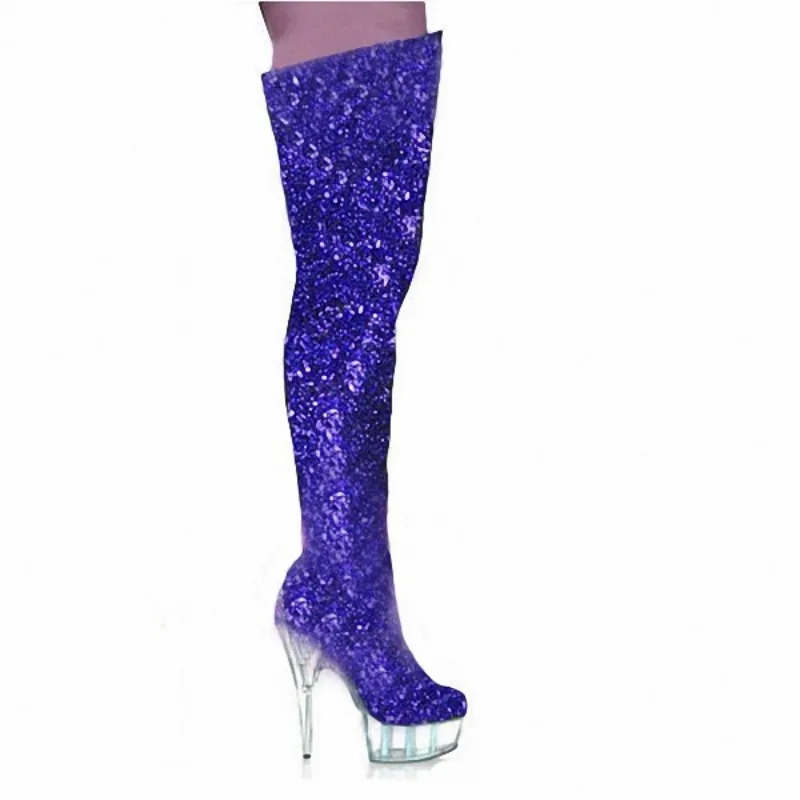 Women's Boots Over The Knee New Nightclub Style European and American Crystal Pole Dance Boots 15CM Stiletto Women Shoes Purple image 3