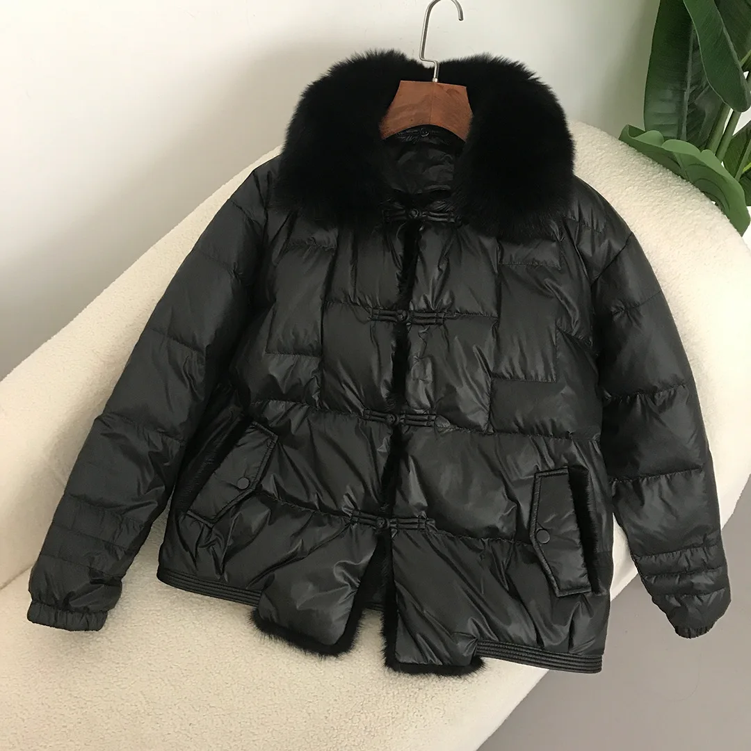 OFTBUY Chaqueta de Plumón de Pato Blanco con Piel de Zorro Auténtica, Estilo Vintage, Holgada, Corta, Abrigo Acolchado Cálido para Mujer, Parka de Invierno 2026