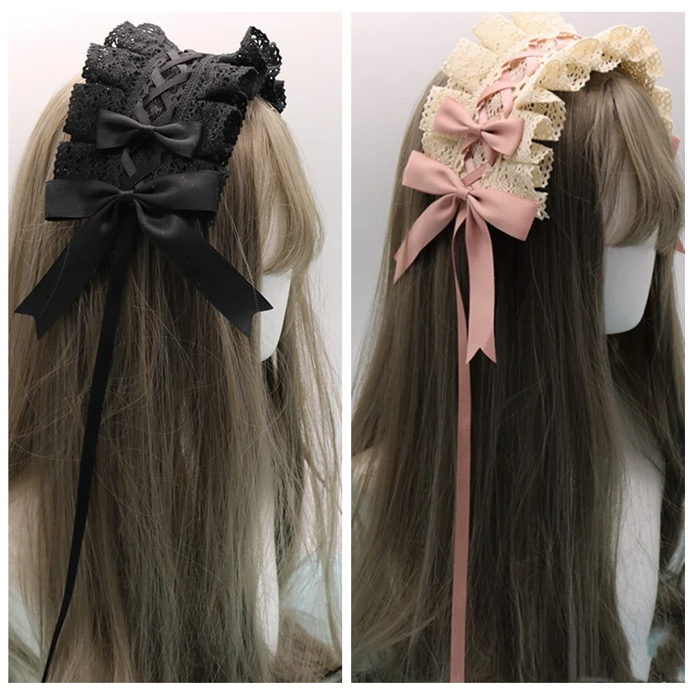 1 Pc Sweet Lolita Bowknot Maid Headdress Ruffled Lace Headpiece Headband Women Girls Japanese Style Crisscross Ribbon Headwear