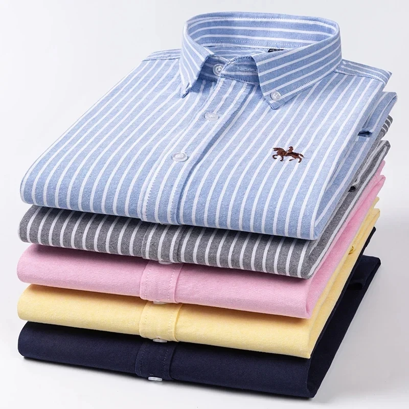 Camisa de vestir de manga larga para hombre, 100% algodón puro, Oxford, a cuadros, rayas, trabajo, informal, Social, S-6XL de ajuste Regular