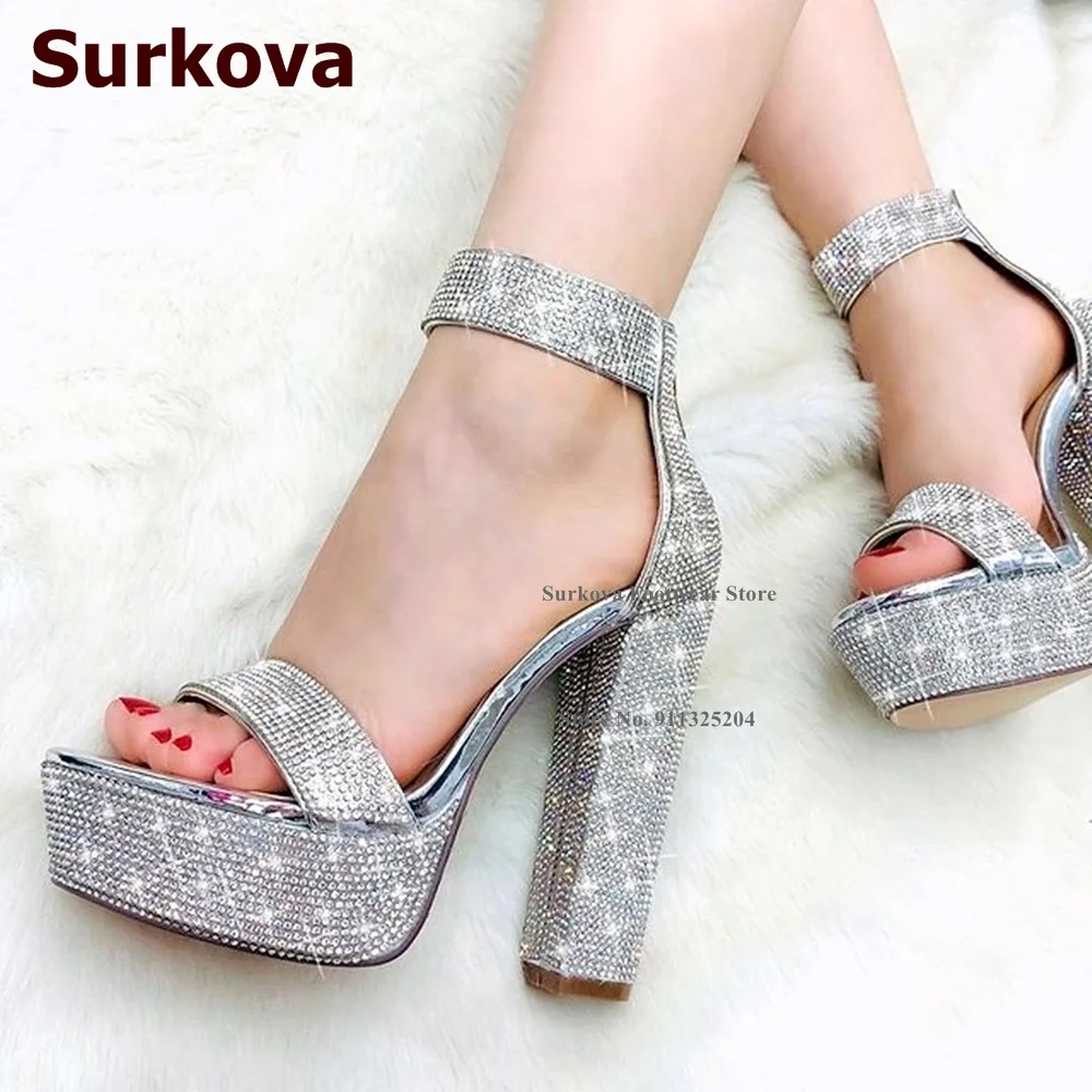 Surkova Gold Silver Full Crystal Chunky Heel Sandals Open Toe Bling Bling Rhinestone Platform Bride Shoes Size46 Zipped Pumps