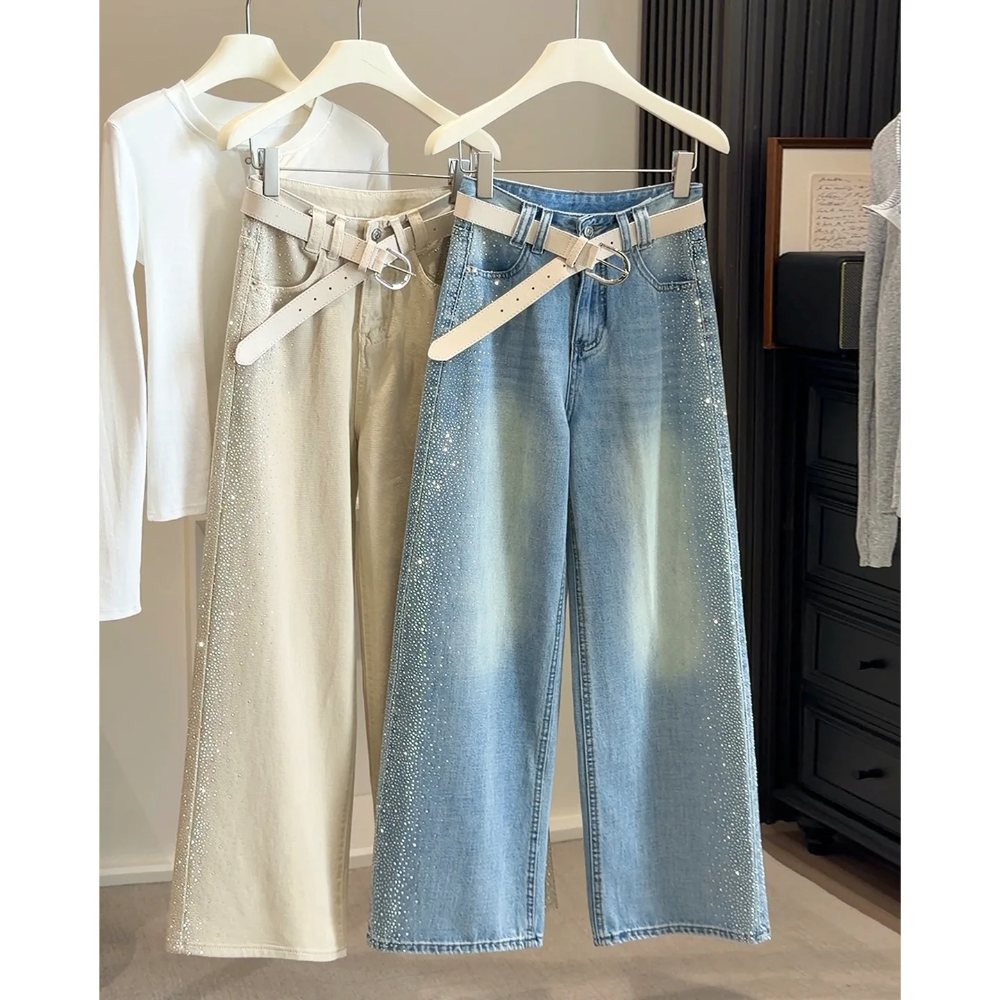 

ALPHALMODA Blue Gypsophila Heavy Work, Hot, Diamond Flashing, Wide Leg Jeans, Women Spring New, High Waist, Straight Denim Pants