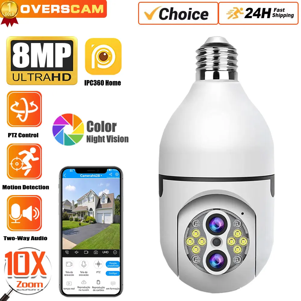 

E27 Bulb 8MP 4K Camera WiFi Baby Monitor 10X Zoom Auto Tracking Indoor Video Surveillance Home Security Cam Floodlight Carecam