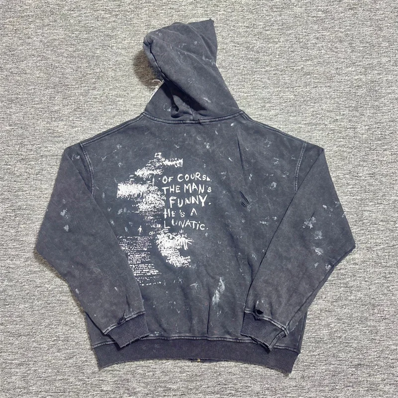 Saint Vintage Distressed Print Zip Up Hoodie Loose Fit Casual Men Sweatshirt Autumn Winter Streetwear Sportswear