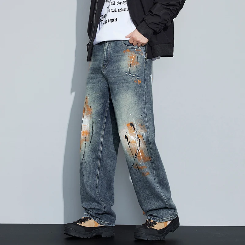 

2025 New American High Street Men's Loose Straight Leg Jeans Dyeing Waed Versatile Casual Comfortable Wear Resistant