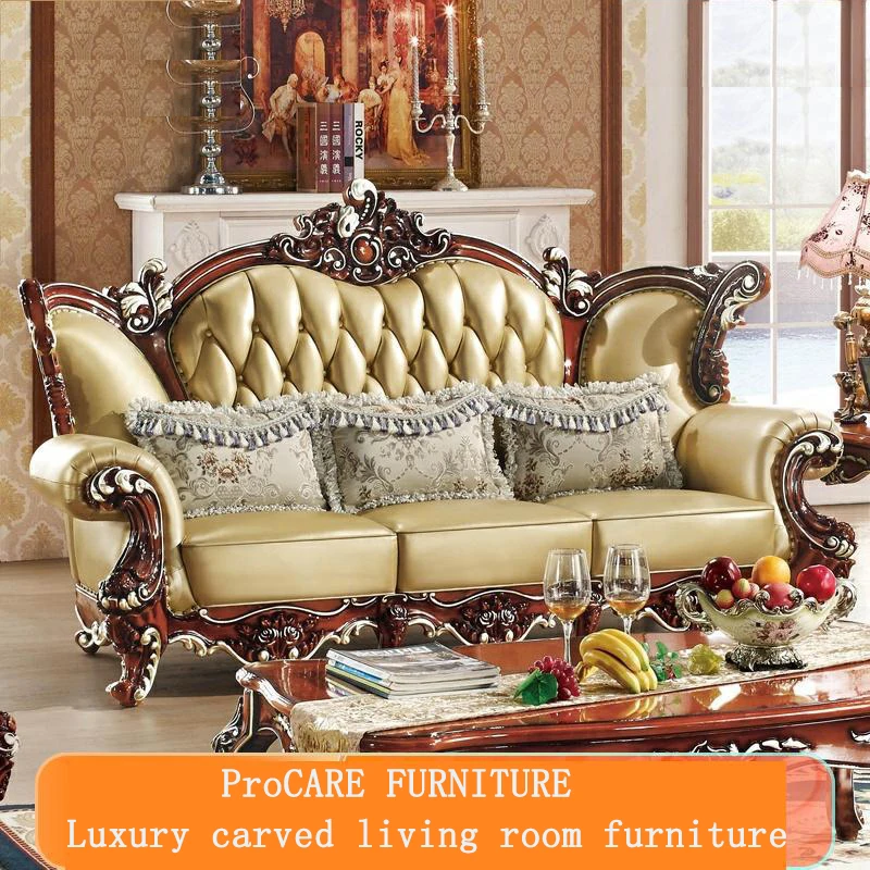 ProCARE high quality European antique living room sofa genuine leather home furniture sofa set