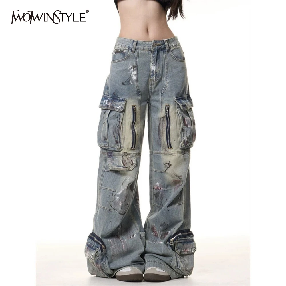 

TWOTWINSTYLE Blue Spliced Pocket Women's Wide Leg Pant High Waist Retro Hot Girl Design Sense Jeans Female Summer New Fashion
