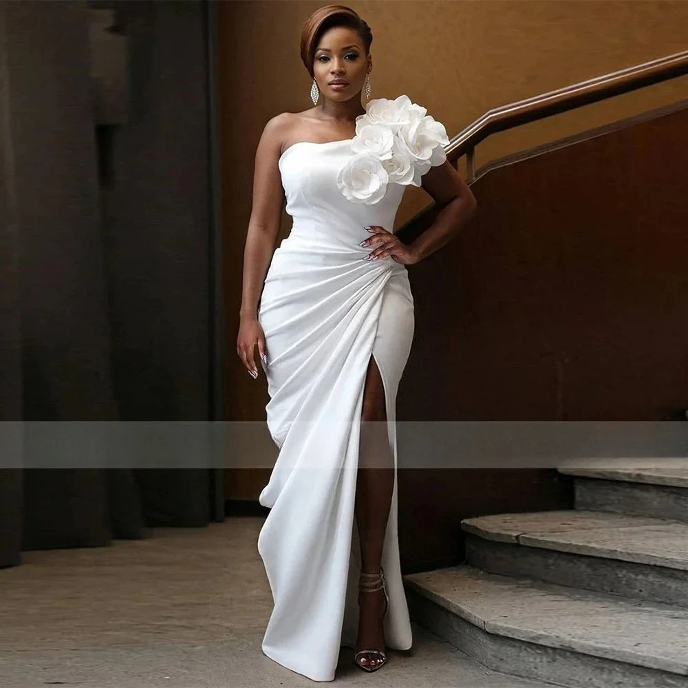Simple One Shoulder Mermaid Wedding Dresses for Women Side Slit Flowers Pleat Floor Length Bridal Gown Modern vestido de novia