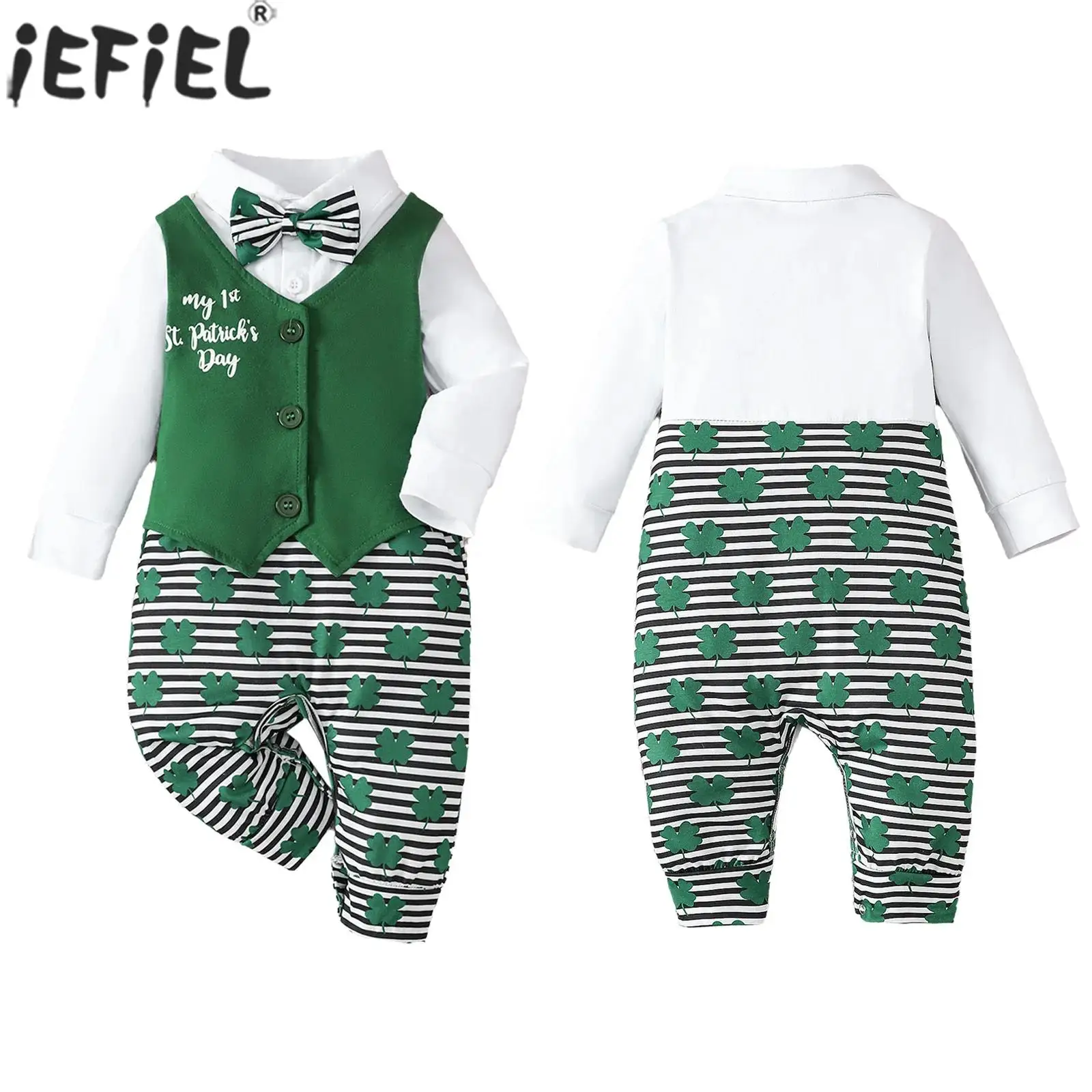

Toddler Baby Boys Gentlemen Romper St Patrick Day Birthday Party Carnival Costume Long Sleeve Button Crotch Bowtie Vest Jumpsuit