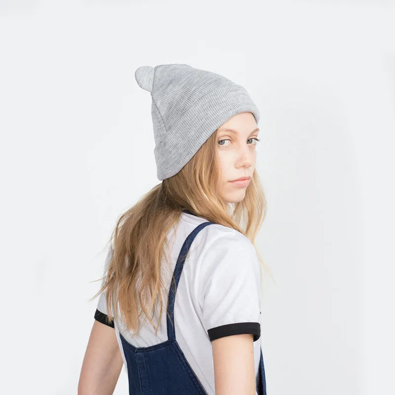 Lovely Warm Winter Casual Skullies Beanies Hat Hot Fashion Design Wool Cap Hat Gray White Cute Cat Ears Knitted Hat