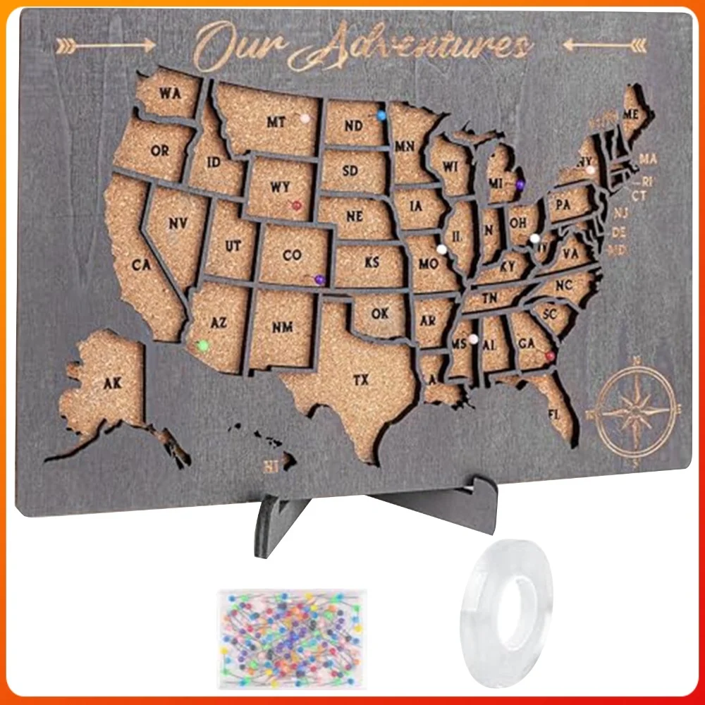 12 X 10Inch Wooden United States Map Puzzle with Elements Sticker & Pins USA 50 States Interactive Map Puzzle Lightweight
