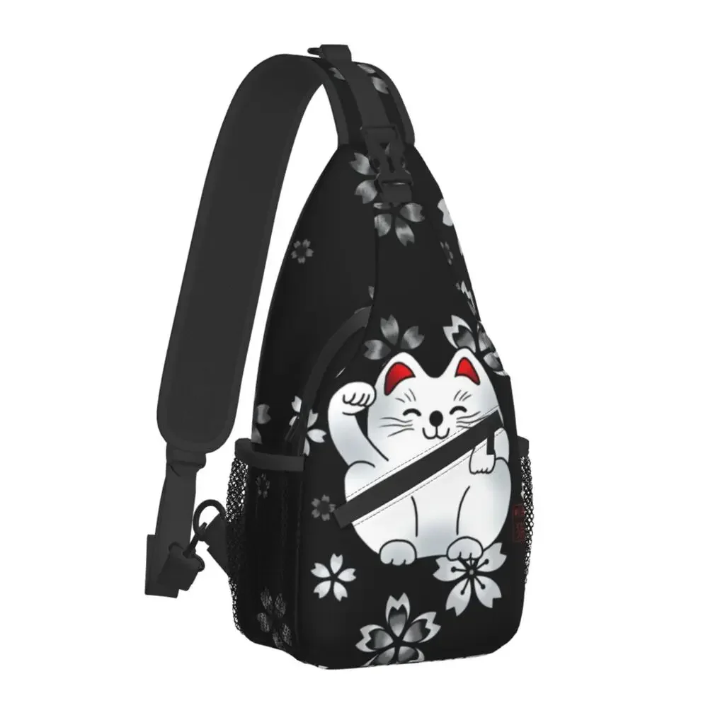 Sitting White Maneki Neko Sling Bags Men Fashion Japanese Lucky Cat Shoulder Crossbody Chest Backpack Travel Hiking Daypack