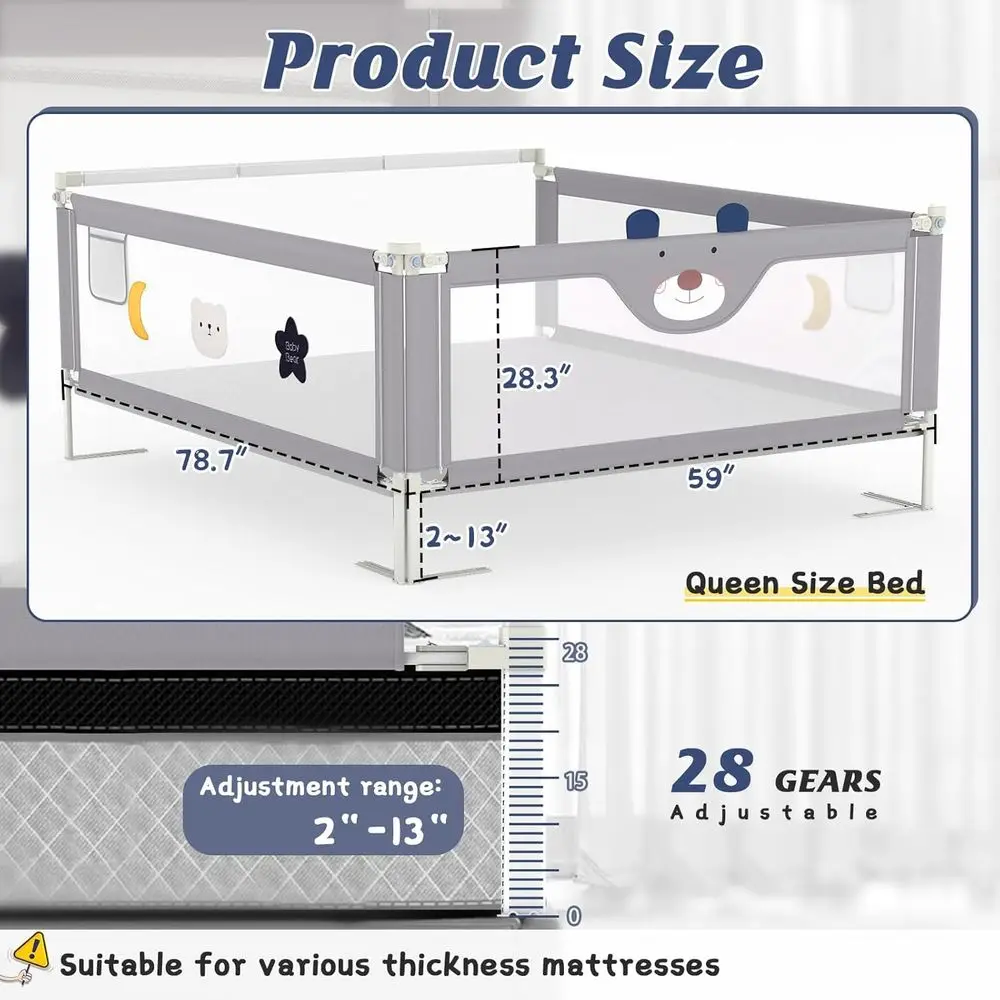 헤드보드 막대가 있는 유아용 침대 난간, 트윈/풀/퀸/킹 침대용 조절 가능한 가드, 78.7x78.7x59 퀸