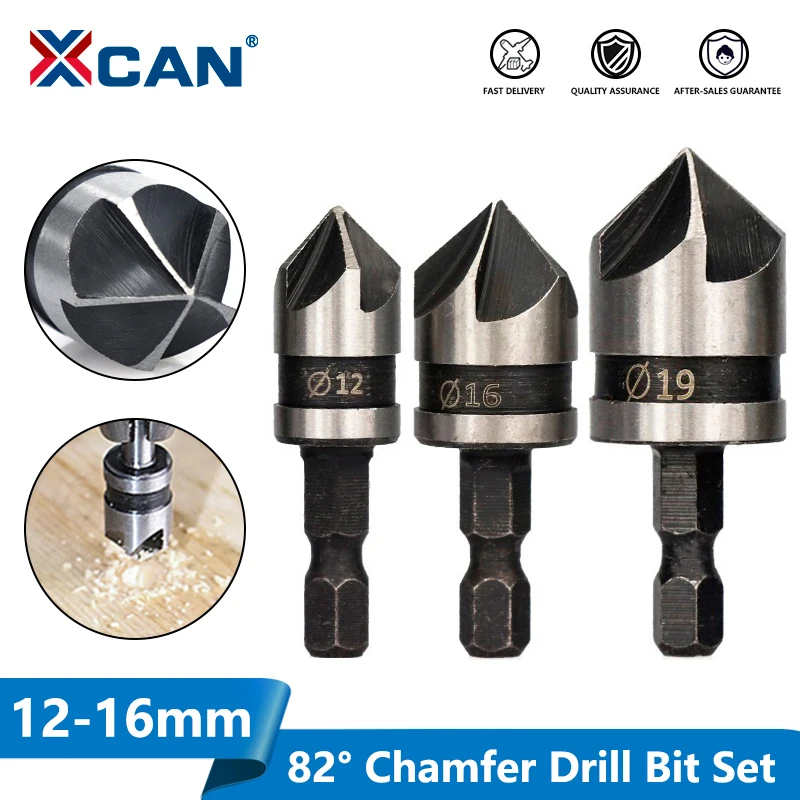 XCAN 82 Degrees Chamfer Drill Bit Set 12/16/19mm 5 Flute Wood working Drill Bit Cutter Countersink Drill Bit Set