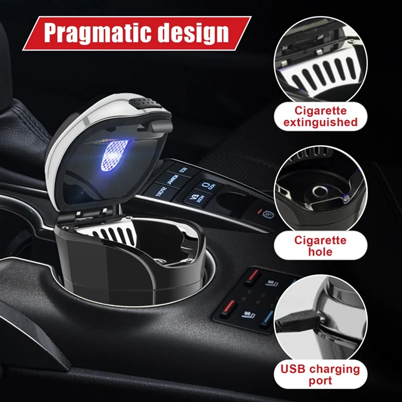 Car Ashtray With Lid, Mini Car Ashtray, Car Ash Tray Trash Can, Detachable USB Rechargeable Cigarette Lighter With LED Light