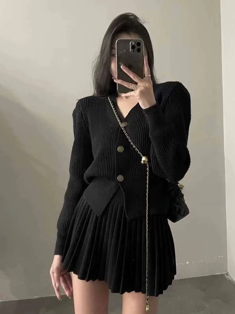 Casual Knitted 2 Piece Set Single Breasted V-neck Top + High Waist Mini Pleated Skirt Autumn Spring Korean Fashion Solid Outfits