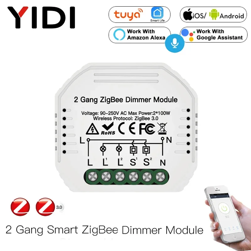 2 Gang ZigBee Smart Light Dimmer Switch Module Mini DIY Hub Required Smart Life Tuya Remote Control Work With Alexa Google Home