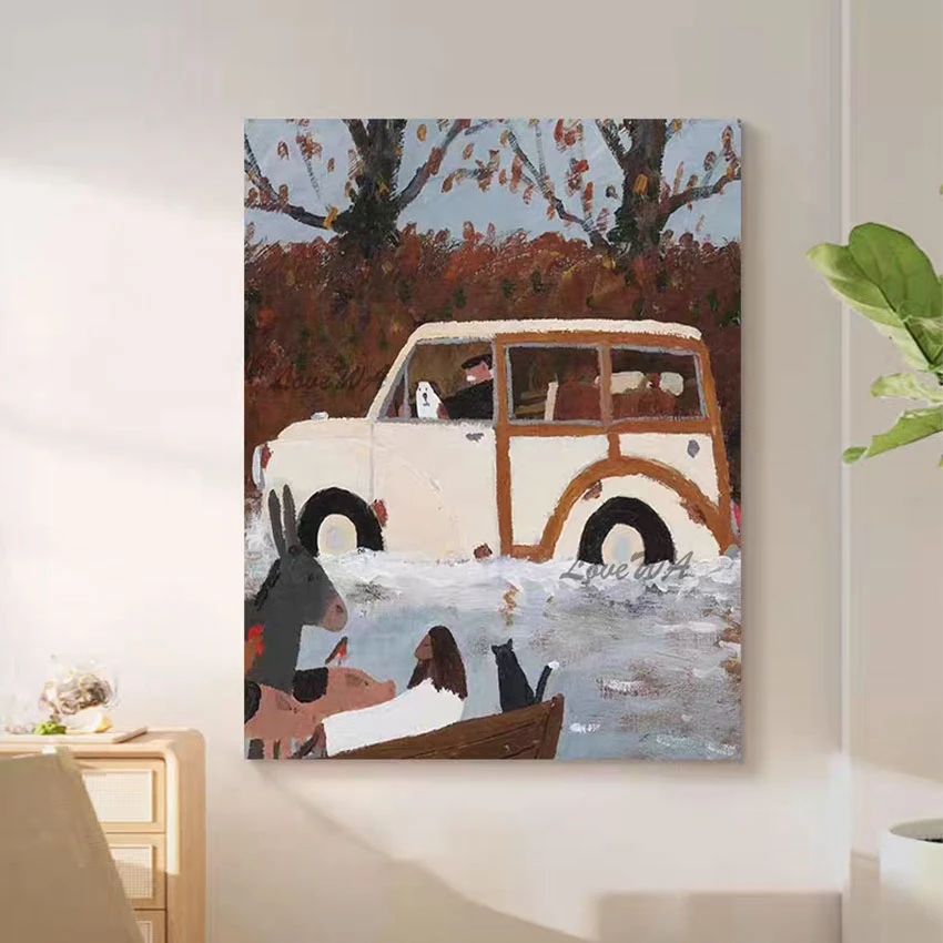 Dog Picture Frameless Acrylic Textured Art Wall；Canvas Figure Abstract Oil Paintings,People Driving Car，Animals On The Roadside