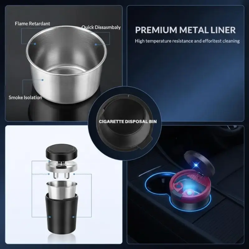 Car Ashtray Flame Retardant Alloy Liner, One Touch Lid Built-In LED Light for Daily Driving