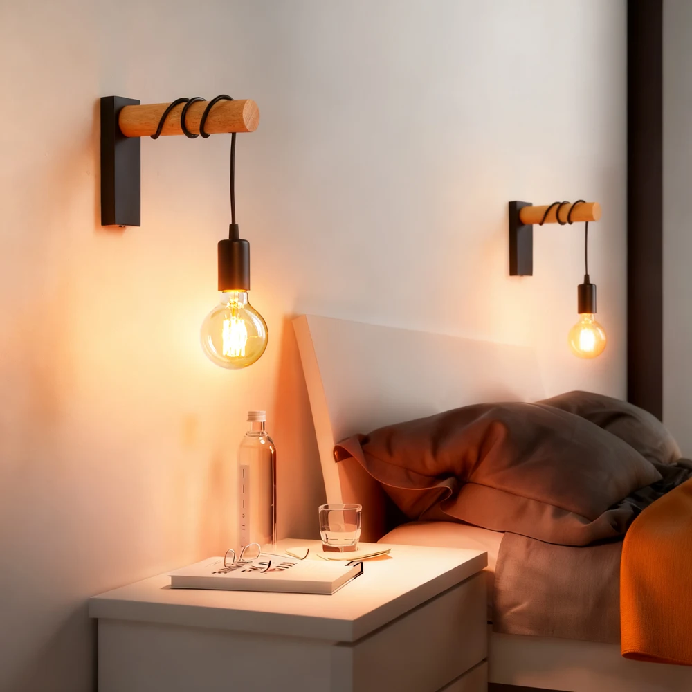 خمر الرجعية الخشب الجدار مصباح الشمعدان أضواء الجدار تركيبات E27 داخلي ديكور المنزل غرفة الطعام أباجورة غرفة نوم السرير الإضاءة