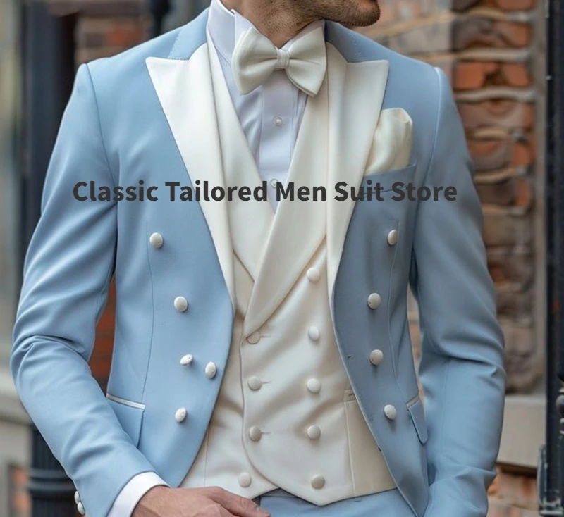 

Elegant Double Breasted Suits for Men Sky Blue Pants White Pants 3 Piece Wedding Full Sets Slim Fit High Quality Blazer Terno