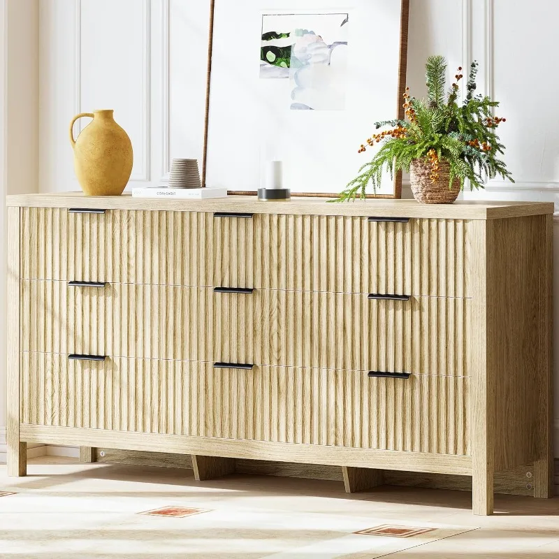 

9 Drawers Dresser for Bedroom, Fluted Chest of Drawers with Waterproof Tabletop, Wide Wood Dresser Clothing Organizeror