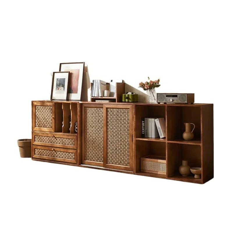 Solid wood rattan TV cabinet simple modern medieval art side drawer storage cabinet Japanese style entrance