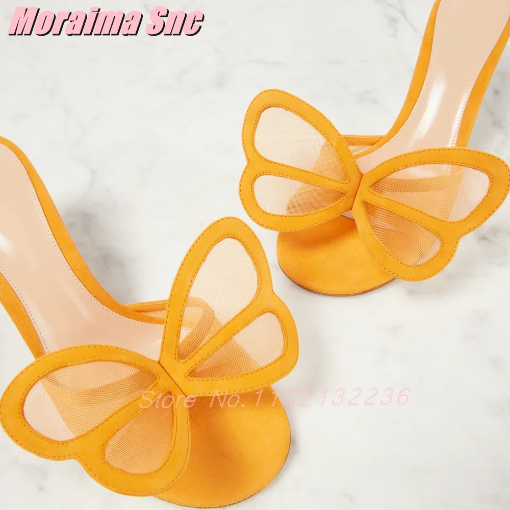 

2025 Новые сетчатые тапочки-бабочки с круглым носком без шнуровки на шпильке и высоком каблуке, модные сексуальные женские шлепанцы, оранжевые однотонные повседневные шлепанцы