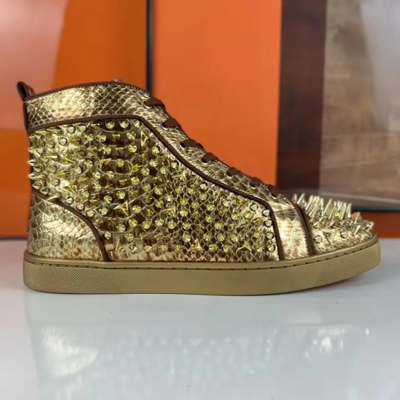 Luxury Gold Snake Leather Shoes Spiked Studded Footwear Lace Up Sneakers Red Bottom Shoes For Men Flat Wedding Casual Shoes
