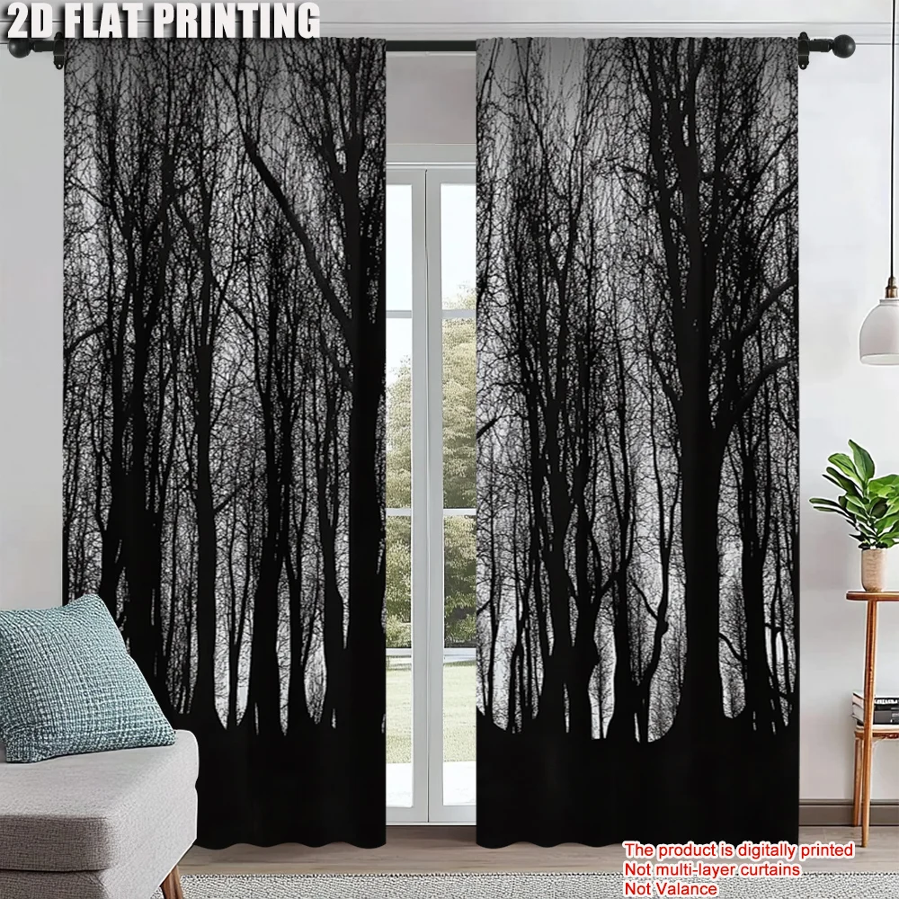 

2Pcs Mysterious Black Forest Pine Tree Window Curtains Dark Gothic Rod Pocket Window Drapes For Bedroom Living Room Dining Room